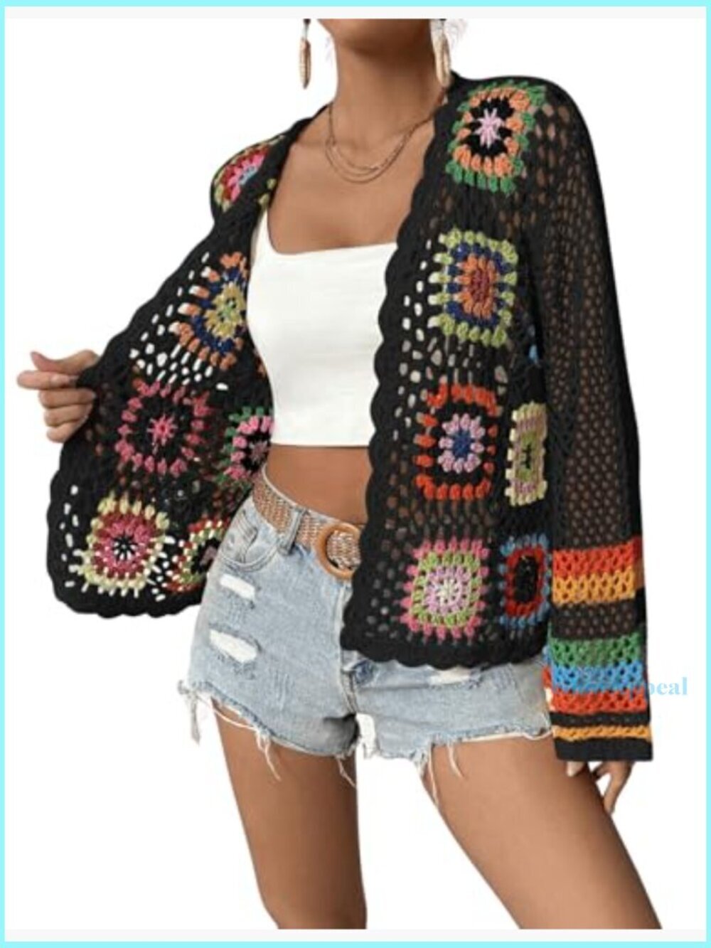 Floral Crochet Cardigan Sweater Lightweight Hollow Out Open Front - Picture 5 of 5